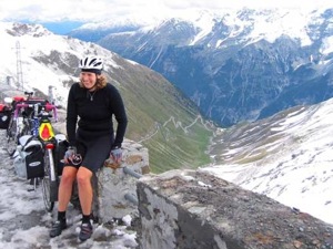 Sarah at top of Passo Stelvio